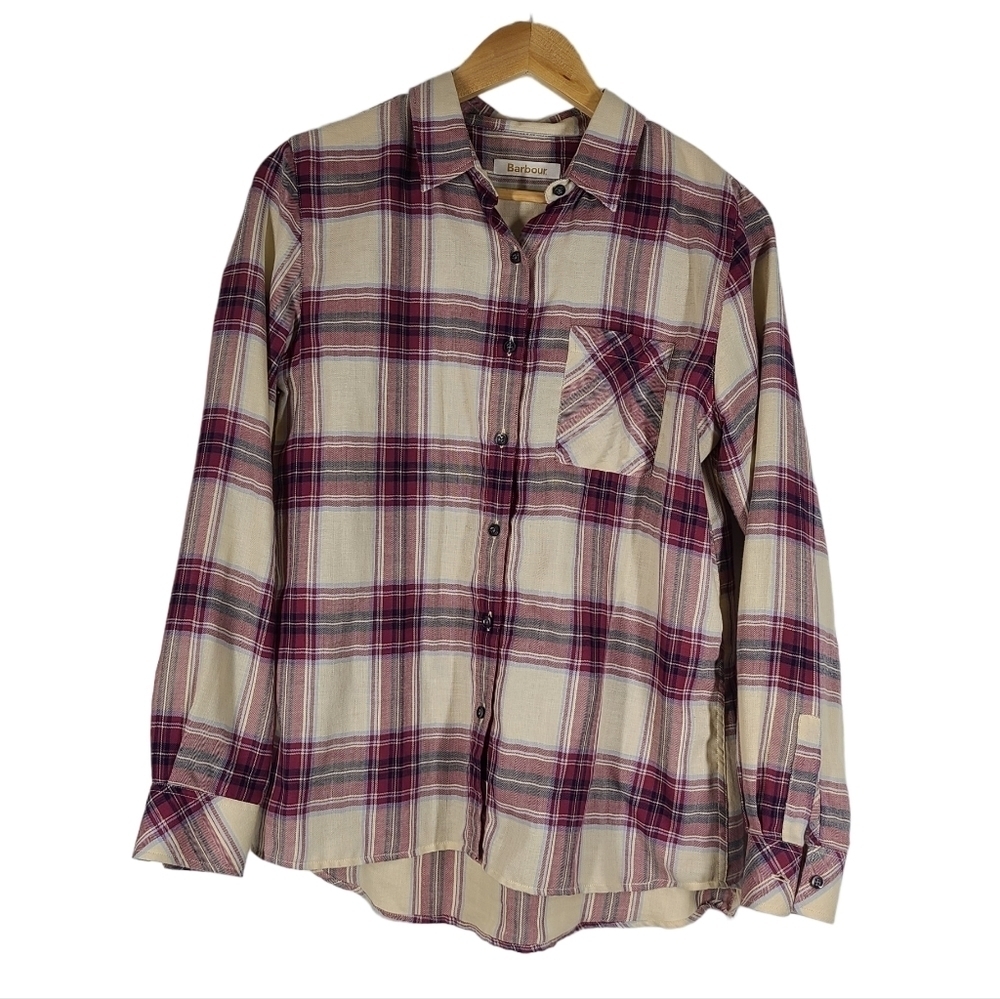 BARBOUR Brae Check Shirt Button Down‎ Plaid sz 6 Pink Beige